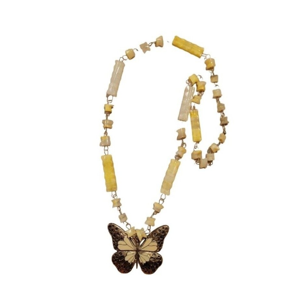 VTG Hand Carved Yellow Cream Agate Enamel Butterfly Pendant Necklace Mid Century